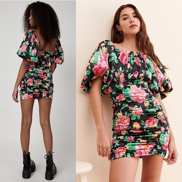 NWT FOR LOVE & LEMONS Floral Satin Puff Sleeve Open Back Ruched Bodycon Dress M - Picture 1 of 13
